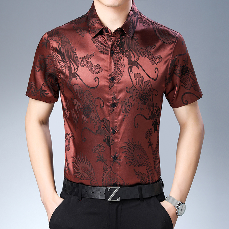 Mens Satin Silk Dress Shirt - Camisa de seda con patrón de