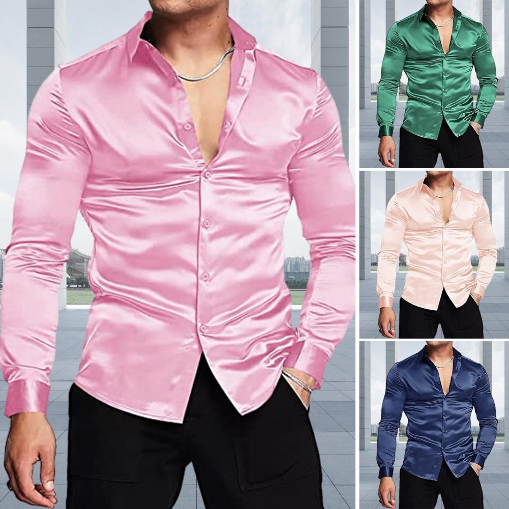 Mens Satin Silk Dress Shirt - Camisa de vestir de lujo de