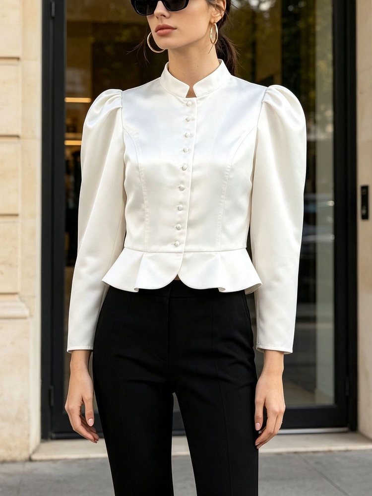 Mandarin Collar Formal Shirt Slim Fit - Blusa Peplum de Manga Larga con
